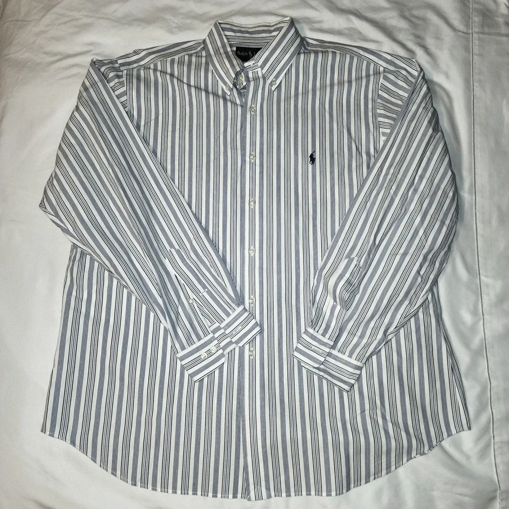 Ralph Lauren‎ Classic Fit Mens 17.5 34/35 Blue White Striped Button Down Shirt
